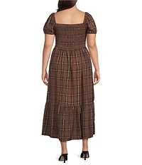 Perch by Blu Pepper Plus Size Plaid Smocked Square Neck Short Sleeve A-Line Ruffle Hem Midi Dress