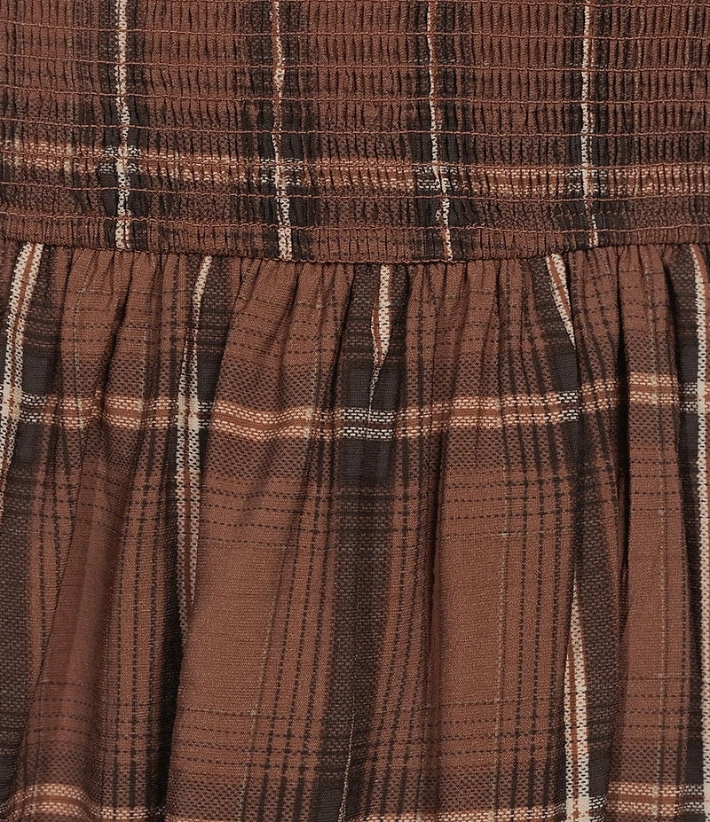 Perch by Blu Pepper Plus Size Plaid Smocked Square Neck Short Sleeve A-Line Ruffle Hem Midi Dress