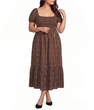 Perch by Blu Pepper Plus Size Plaid Smocked Square Neck Short Sleeve A-Line Ruffle Hem Midi Dress