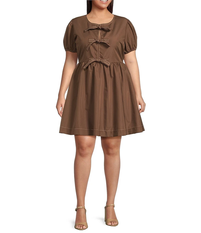 Perch by Blu Pepper Plus Size Puffed Sleeve Bow Tie Accented Poplin Mini Dress