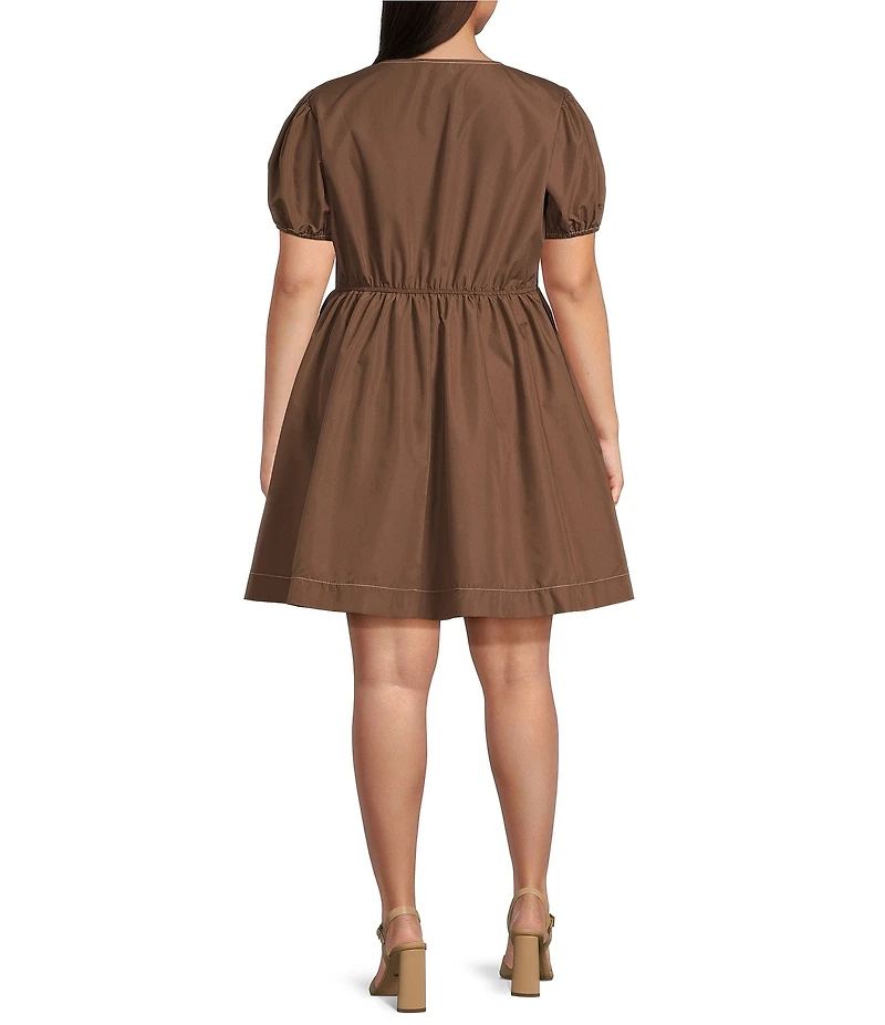 Perch by Blu Pepper Plus Size Puffed Sleeve Bow Tie Accented Poplin Mini Dress