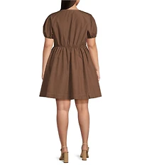 Perch by Blu Pepper Plus Size Puffed Sleeve Bow Tie Accented Poplin Mini Dress