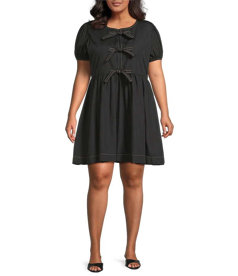 Perch by Blu Pepper Plus Size Puffed Sleeve Bow Tie Accented Poplin Mini Dress
