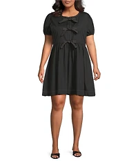 Perch by Blu Pepper Plus Size Puffed Sleeve Bow Tie Accented Poplin Mini Dress