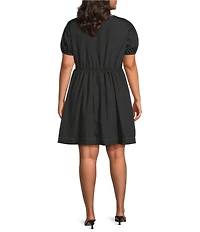 Perch by Blu Pepper Plus Size Puffed Sleeve Bow Tie Accented Poplin Mini Dress