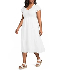 Perch by Blu Pepper Plus Size V-Neck Short Flutter Sleeve Tiered A-Line Midi Dress