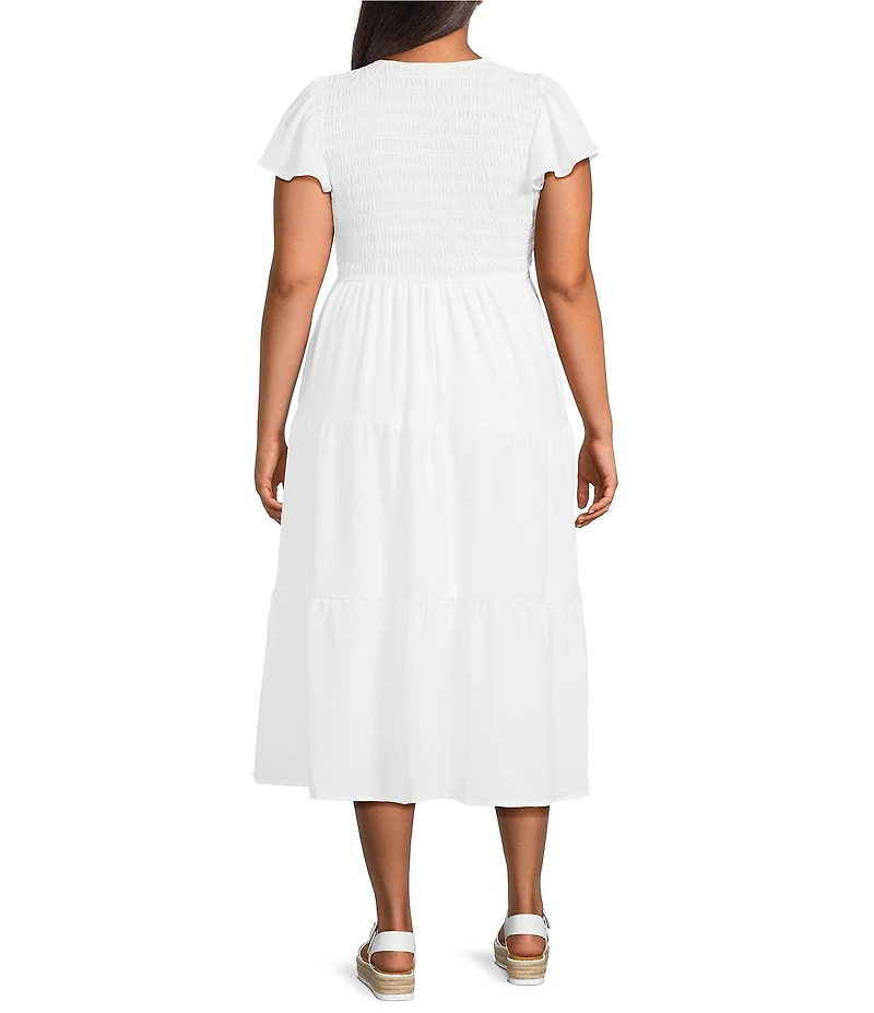 Perch by Blu Pepper Plus Size V-Neck Short Flutter Sleeve Tiered A-Line Midi Dress