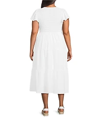 Perch by Blu Pepper Plus Size V-Neck Short Flutter Sleeve Tiered A-Line Midi Dress