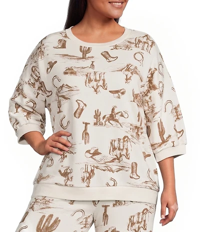 Perch by Blu Pepper Plus Size Western Print Round Neck Short Sleeve Coordinating Top