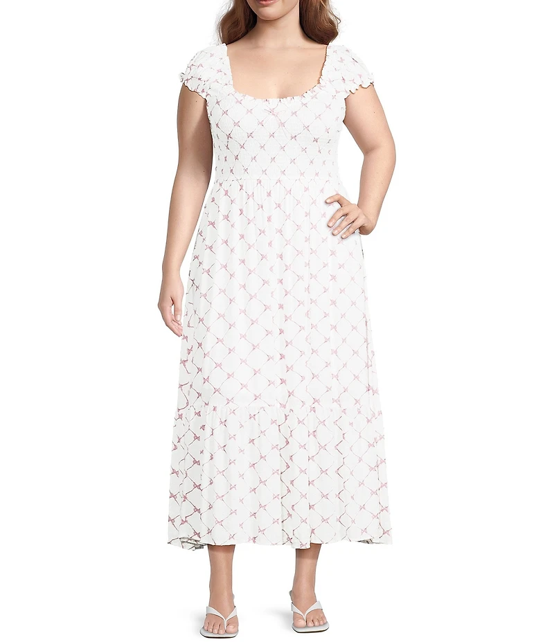 Perch By Blu Pepper Plus Smocked Ruched Sleeve Midi Dress