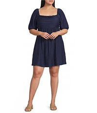Perch by Blu Pepper Plus Square Neck Short Puff Sleeve A-Line Mini Dress