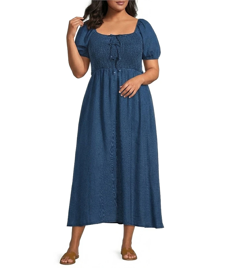 Perch by Blu Pepper Plus Square Neckline Short Sleeve Bow Detail Chambray Midi Dress