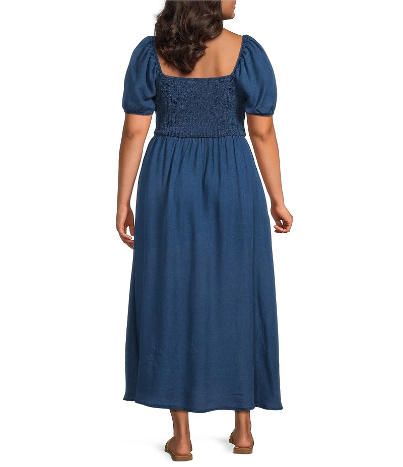 Perch by Blu Pepper Plus Square Neckline Short Sleeve Bow Detail Chambray Midi Dress