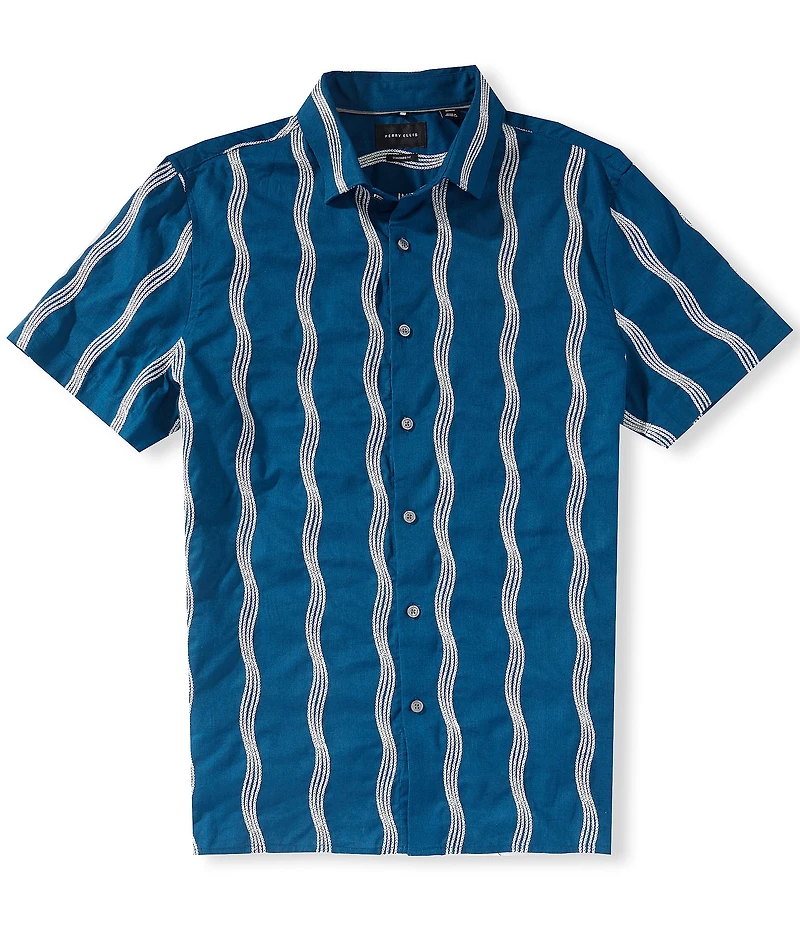 Perry Ellis Linen Blend Wave Print Short Sleeve Woven Shirt