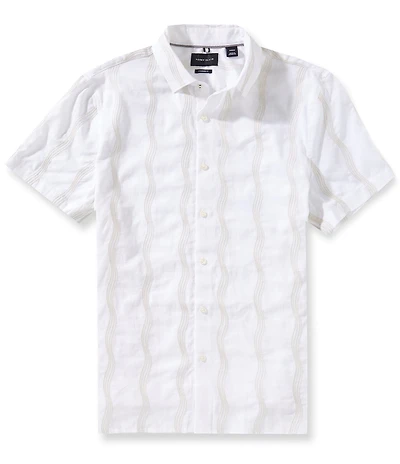 Perry Ellis Linen Blend Wave Print Short Sleeve Woven Shirt