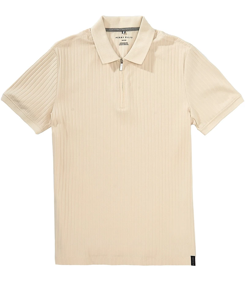 Perry Ellis Ribbed Quarter-Zip Short Sleeve Polo Shirt