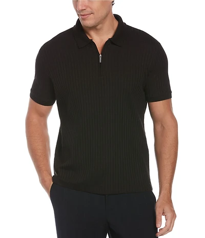 Perry Ellis Ribbed Quarter-Zip Short Sleeve Polo Shirt