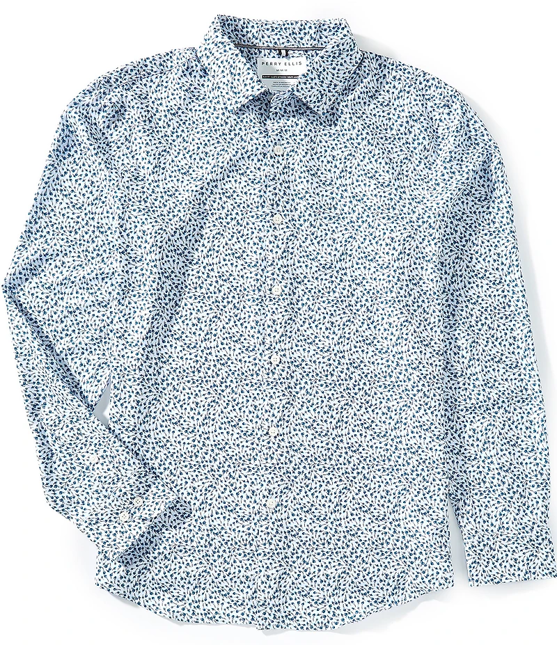 Perry Ellis Slim Fit Micro Floral Print Long Sleeve Woven Shirt