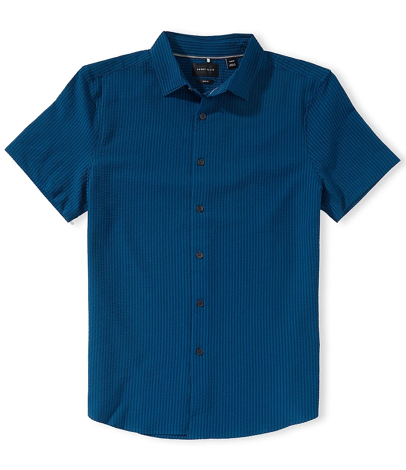 Perry Ellis Slim Fit Seersucker Performance Stretch Short Sleeve Woven Shirt