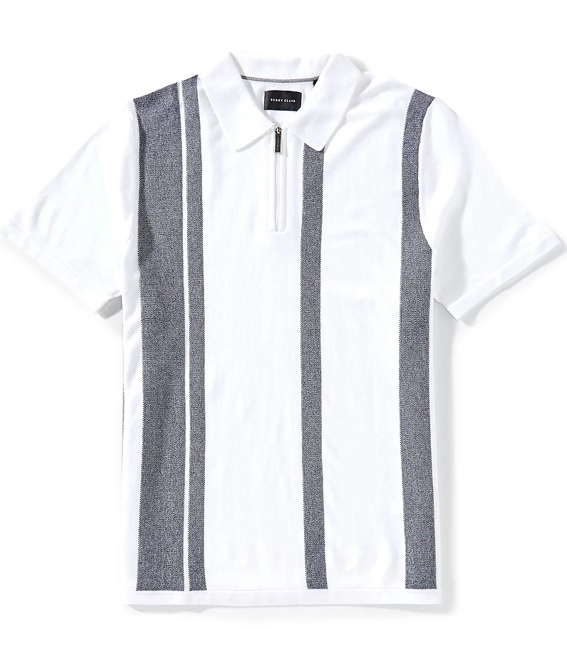 Perry Ellis Stripe Quarter-Zip Short Sleeve Polo Sweater