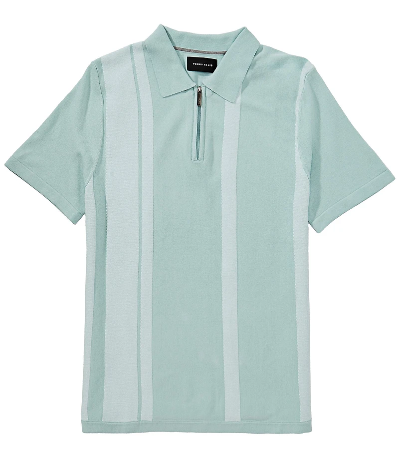 Perry Ellis Stripe Quarter-Zip Short Sleeve Polo Sweater