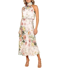 Petal & Pup Anabelle Floral Print Satin Halter Neck Sleeveless Midi Dress