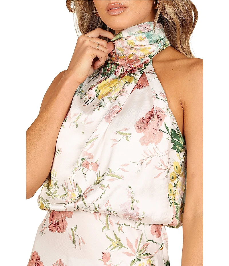 Petal & Pup Anabelle Floral Print Satin Halter Neck Sleeveless Midi Dress