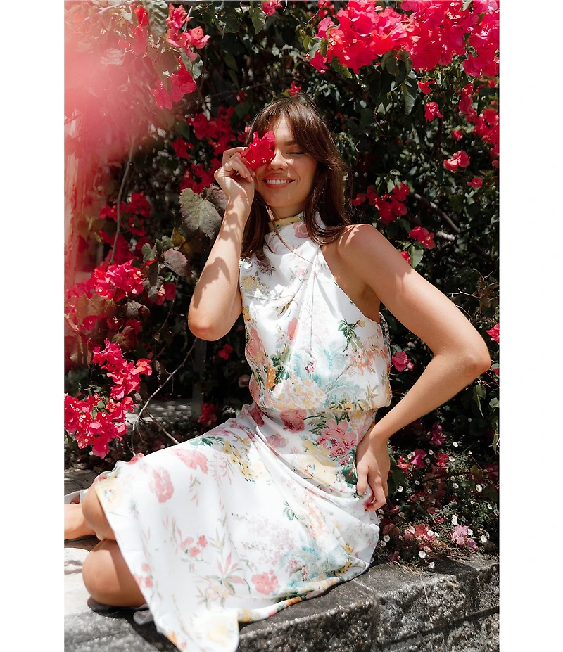 Petal & Pup Anabelle Floral Print Satin Halter Neck Sleeveless Midi Dress
