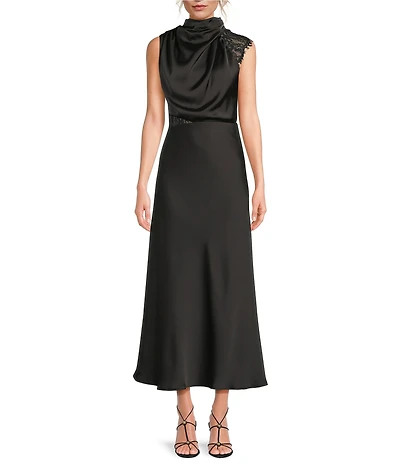 Petal & Pup Anabelle Satin Asymmetric Halter Neck Lace Sleeveless Shift Midi Dress