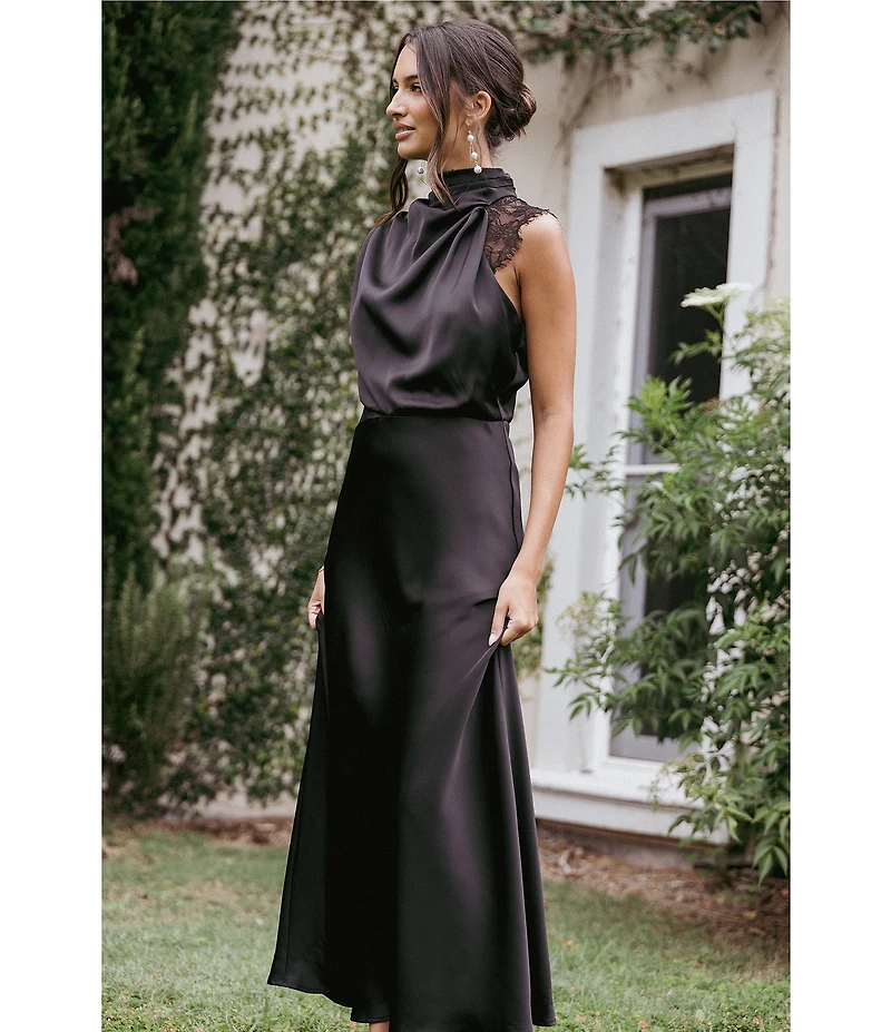 Petal & Pup Anabelle Satin Asymmetric Halter Neck Lace Sleeveless Shift Midi Dress