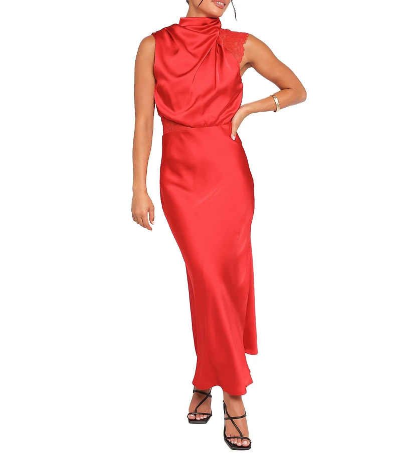 Petal & Pup Anabelle Satin Asymmetric Halter Neck Lace Sleeveless Shift Midi Dress