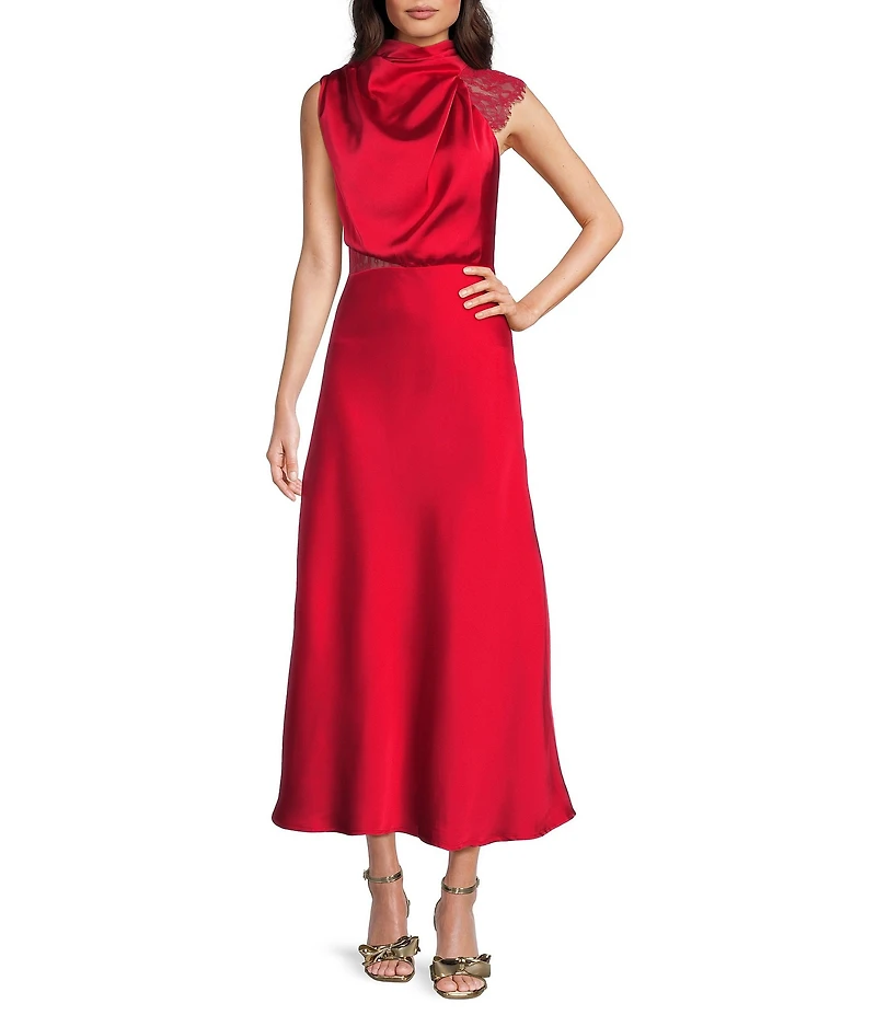 Petal & Pup Anabelle Satin Asymmetric Halter Neck Lace Sleeveless Shift Midi Dress