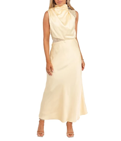 Petal & Pup Anabelle Satin Asymmetric Halter Neck Lace Sleeveless Shift Midi Dress