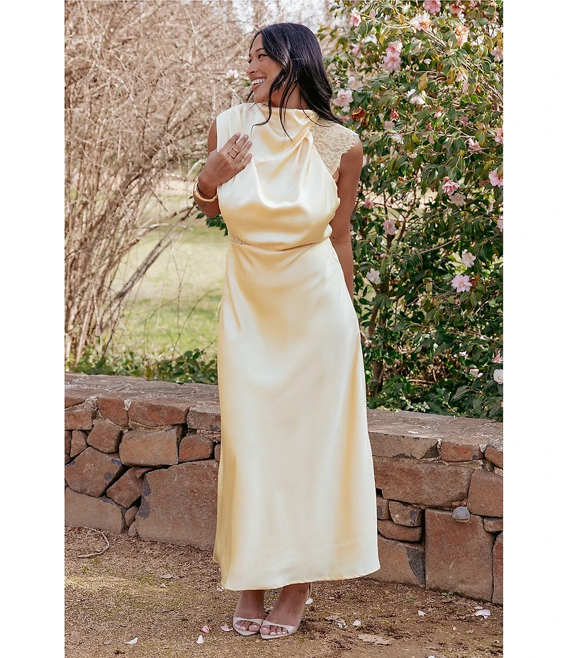 Petal & Pup Anabelle Satin Asymmetric Halter Neck Lace Sleeveless Shift Midi Dress