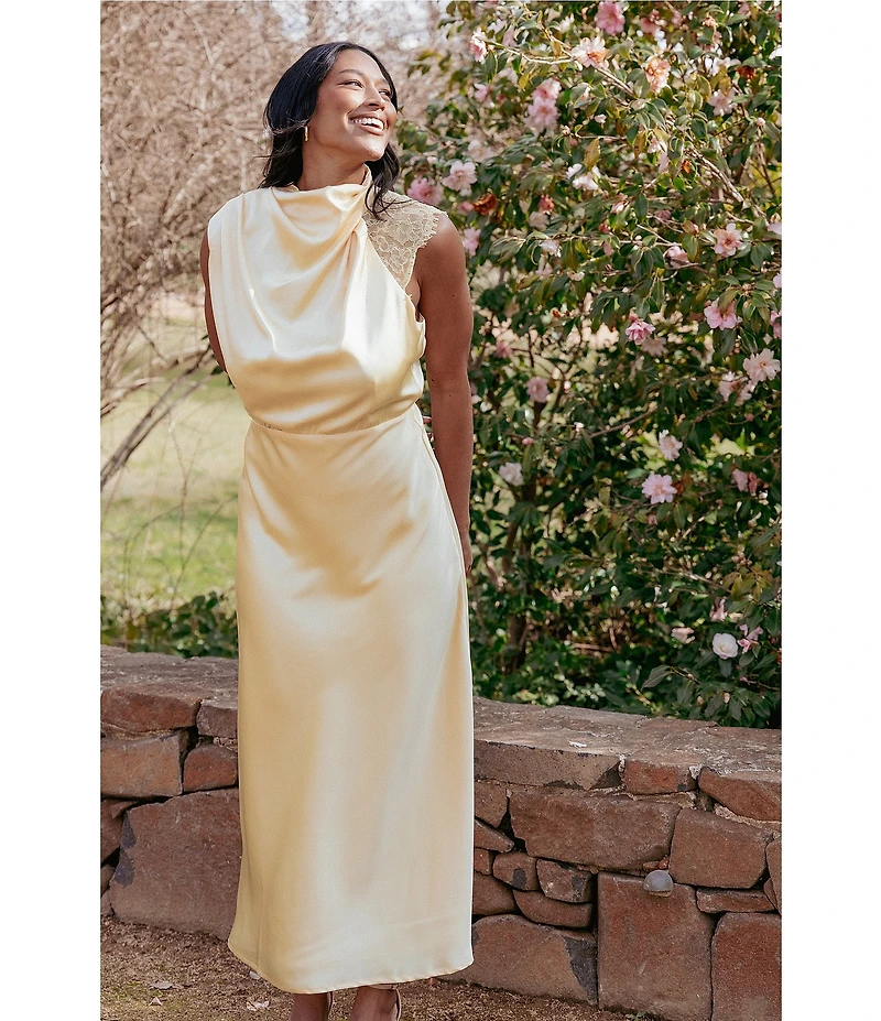 Petal & Pup Anabelle Satin Asymmetric Halter Neck Lace Sleeveless Shift Midi Dress