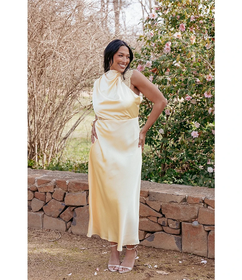 Petal & Pup Anabelle Satin Asymmetric Halter Neck Lace Sleeveless Shift Midi Dress