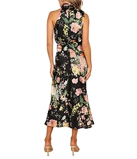 Petal & Pup Anabelle Satin Floral Print Halter Neck Sleeveless Midi Dress