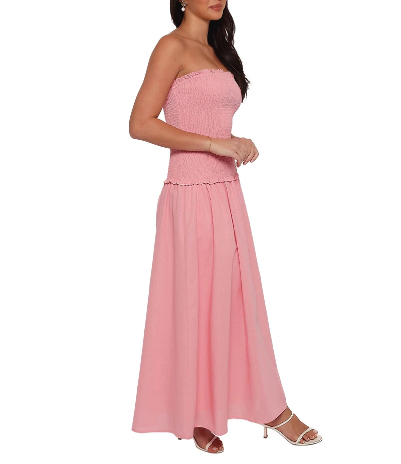 Petal & Pup Bea Linen Blend Strapless Ruffle Trim Drop Waist Maxi Dress