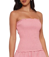 Petal & Pup Bea Linen Blend Strapless Ruffle Trim Drop Waist Maxi Dress