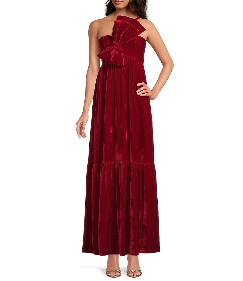 Petal & Pup Betina One Shoulder Bow Velvet Maxi Dress