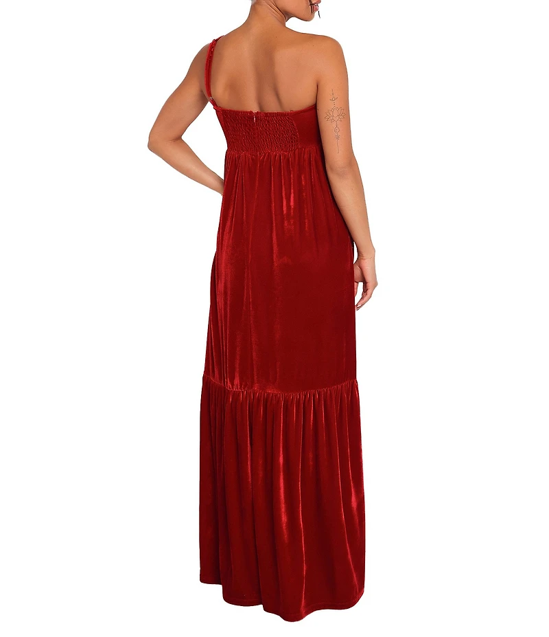 Petal & Pup Betina One Shoulder Bow Velvet Maxi Dress