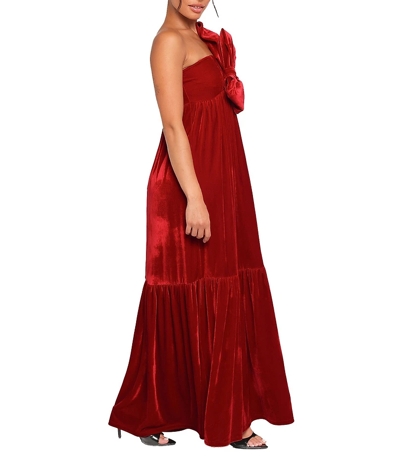 Petal & Pup Betina One Shoulder Bow Velvet Maxi Dress