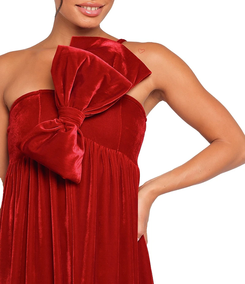 Petal & Pup Betina One Shoulder Bow Velvet Maxi Dress