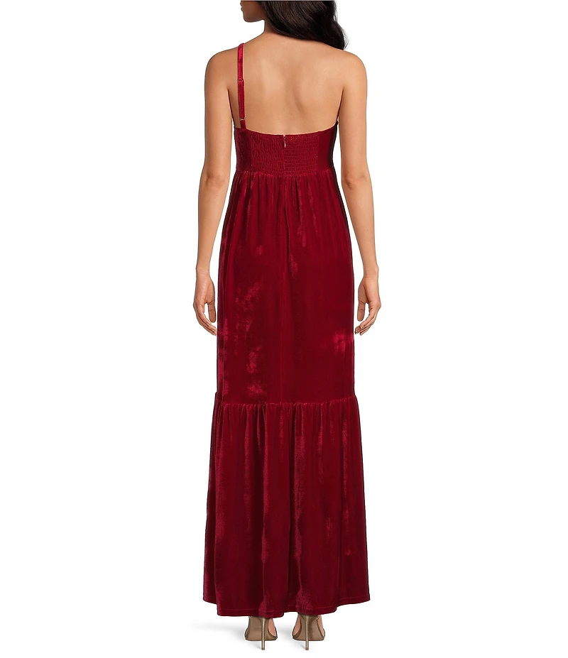 Petal & Pup Betina One Shoulder Bow Velvet Maxi Dress