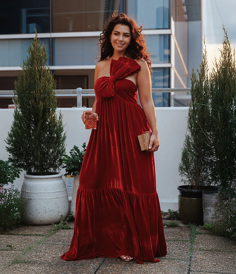 Petal & Pup Betina One Shoulder Bow Velvet Maxi Dress