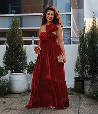 Petal & Pup Betina One Shoulder Bow Velvet Maxi Dress