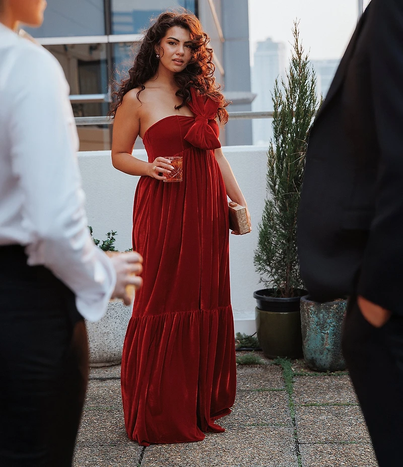 Petal & Pup Betina One Shoulder Bow Velvet Maxi Dress
