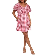Petal & Pup Dorothea Gingham Round Neck Short Puff Smocked Ruffle Hem Mini Babydoll Dress
