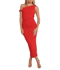 Petal & Pup Fira One Shoulder Ruched Twist Detail Bodycon Midi Dress
