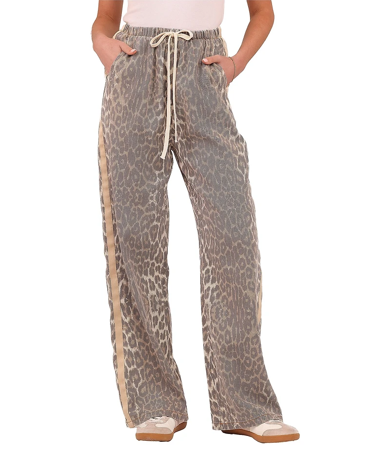 Petal & Pup Fletcher Leopard High-Waisted Wide Leg Denim Racer Pants